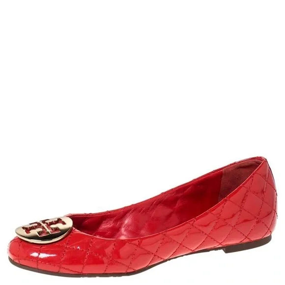 NWT Tory Burch Quinn Quilted Leather Ballet Flats in Red with Gold Logo - Picture 3 of 5